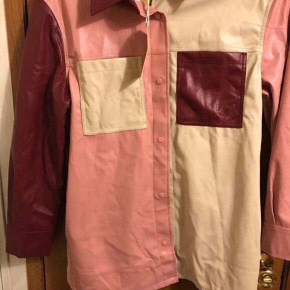 Colorblock Faux Leather Shirt Jacket Shacket 90s 70s Snap button Y2K M - Picture 10 of 16